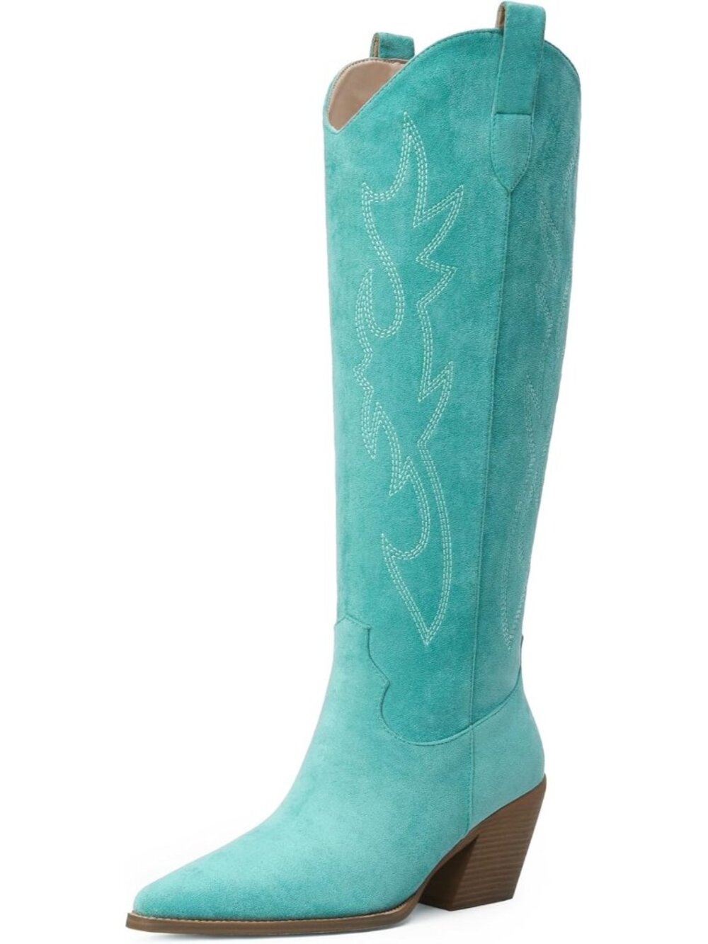 Women Turquoise Faux Leather Knee High Pointed Toe Block Heel Cowboy Boots